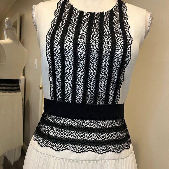 BCBGMaxAzria "Adelyn" Off White Sleeveless Pleated Skirt Lace Trim Dress, Size 4 - Picture 5 of 16